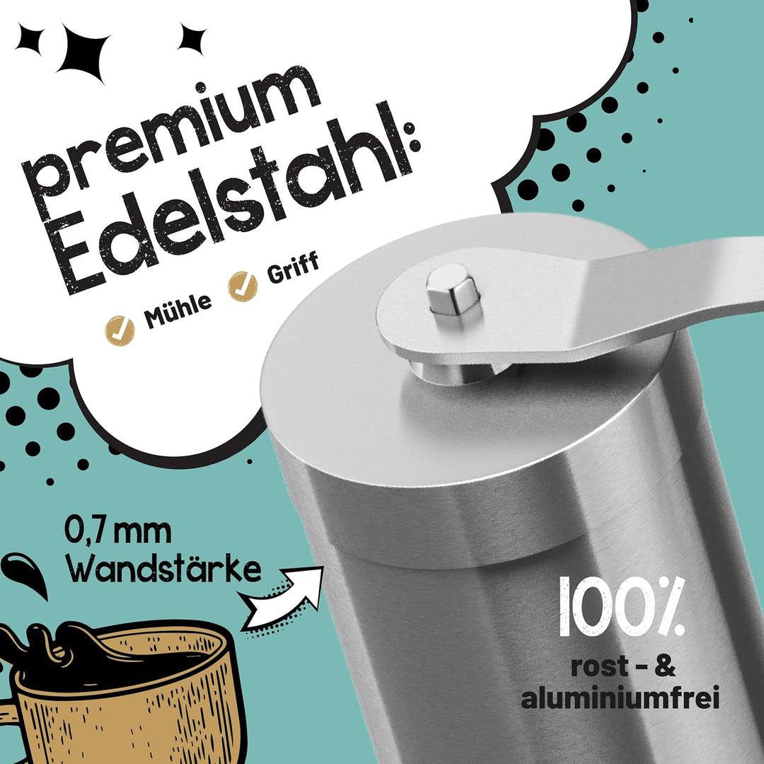 Morgenheld Kaffeemühle Edelstahl manuell stufenloses Keramikmahlwerk mechanische Hand Kaffee Mühle K