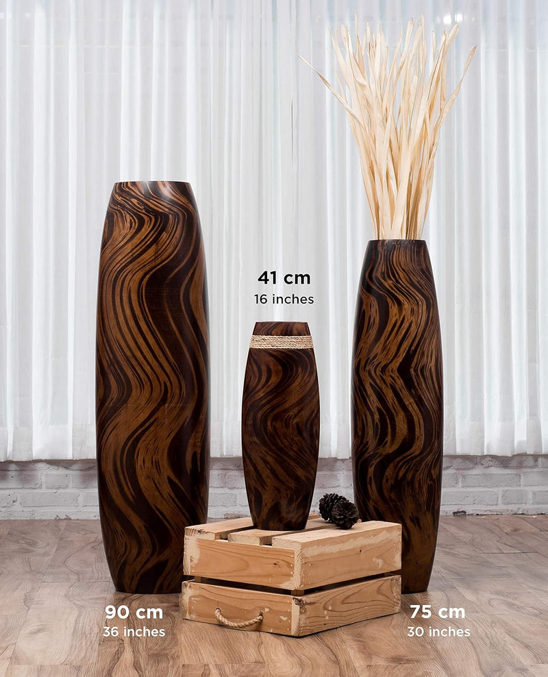 Leewadee Grosse Bodenvase für Dekozweige hohe Standvase Design Holzvase, Holz, 70 cm, Braun Hellbrau