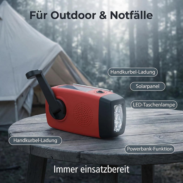 1 Stück Solar Kurbelradio mit 3-LED Taschenlampe | 2000mAh NI-MH Notfall Powerbank | IPX3 Wasserdich