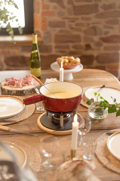 Fondue Gusseisen für Brennpaste Rot - Fondueset Traditionell Ohne Strom - Fleischfondue für 6 Person