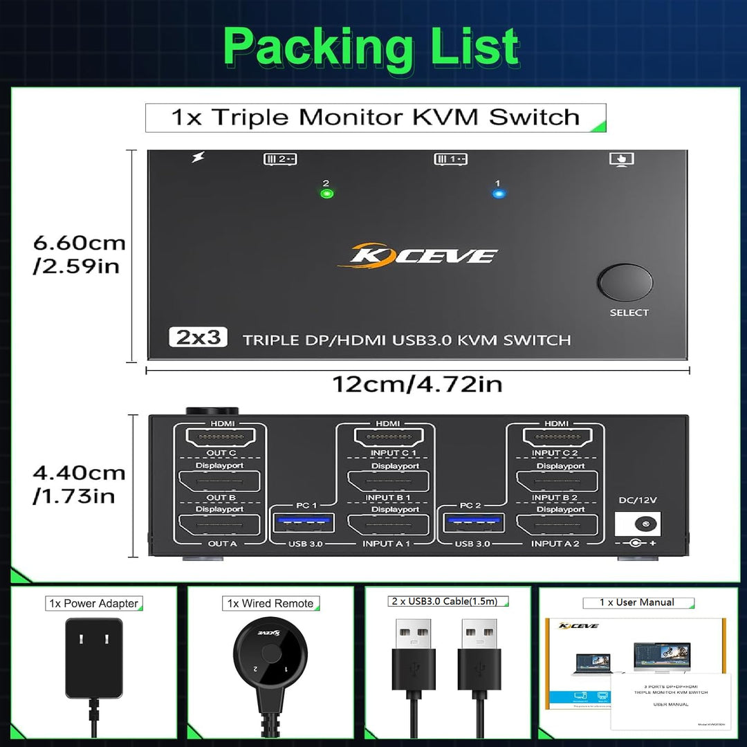 KVM Switch 2 PC 3 Monitore HDMI+2 Displayport 8K@60Hz 4K@144Hz, MLEEDA Triple Monitor KVM Switch für