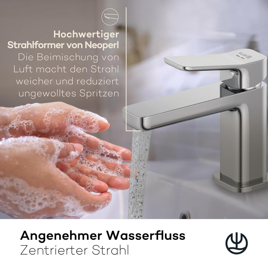 KLUDI-X3 Waschtischarmatur mit Push-Open Ablaufgarnitur, Auslaufhöhe 85 mm, wassersparender Wasserha