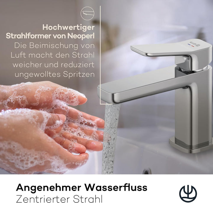 KLUDI-X3 Waschtischarmatur mit Push-Open Ablaufgarnitur, Auslaufhöhe 85 mm, wassersparender Wasserha