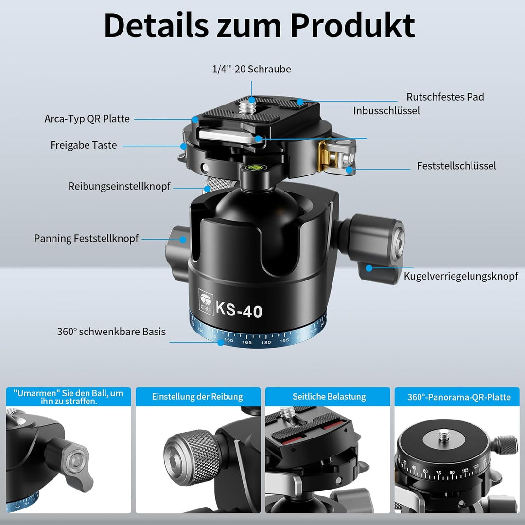 SIRUI KS-40 Low Profile Kugelkopf, 40mm Aluminium 360° Doppel-Panoramakugelkopf für Kamera, Camcorde