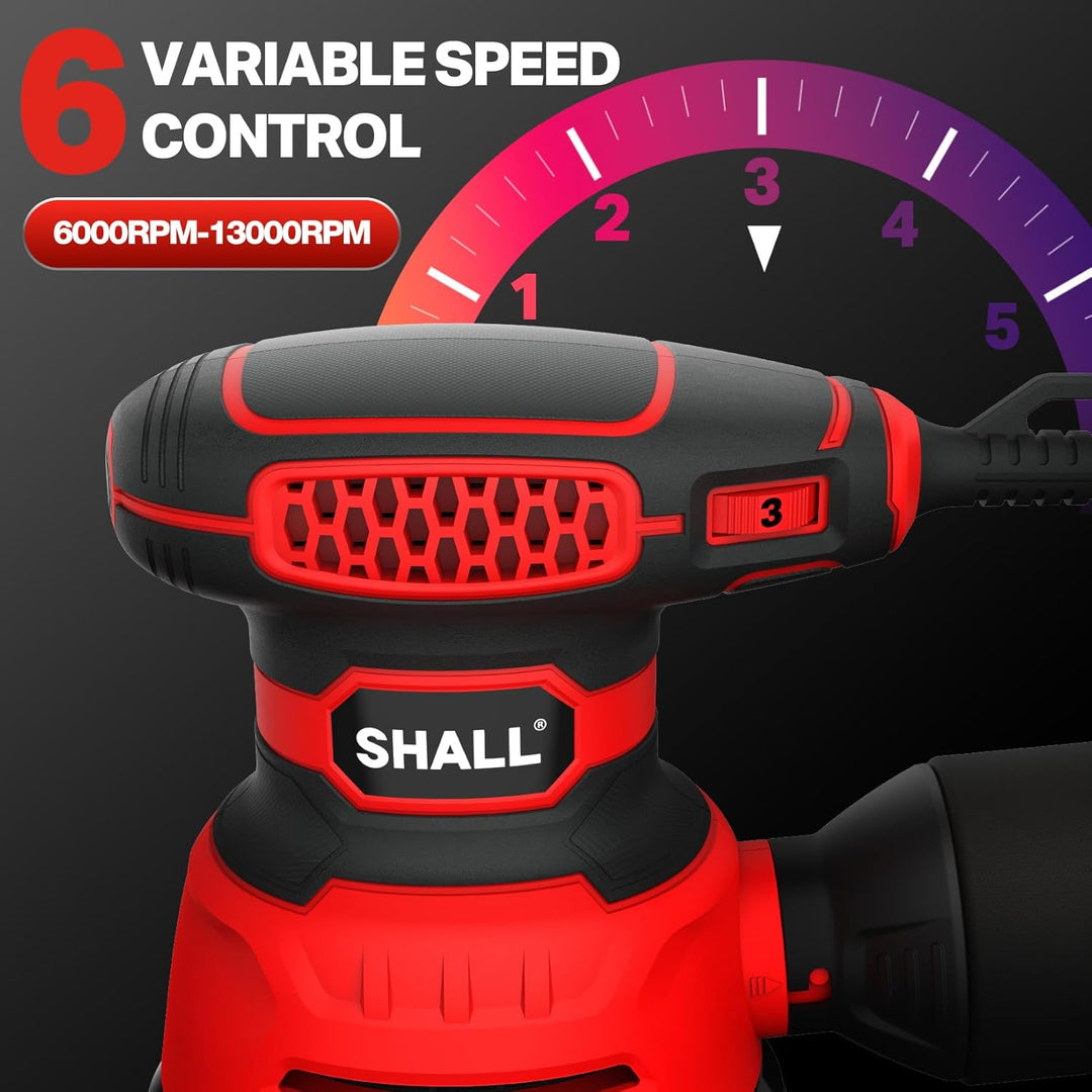 SHALL Exzenterschleifer 350W, mit 30 Schleifpapieren, 6 variable Geschwindigkeiten 13000 U/min, 125M