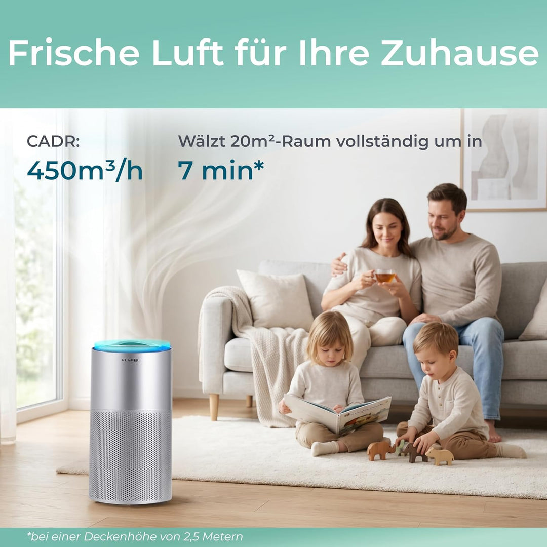 KLAMER Luftreiniger 600i mit HEPA Filter, CADR Spitzenleistung von 450 m³/h, für Räume bis 55m², ent