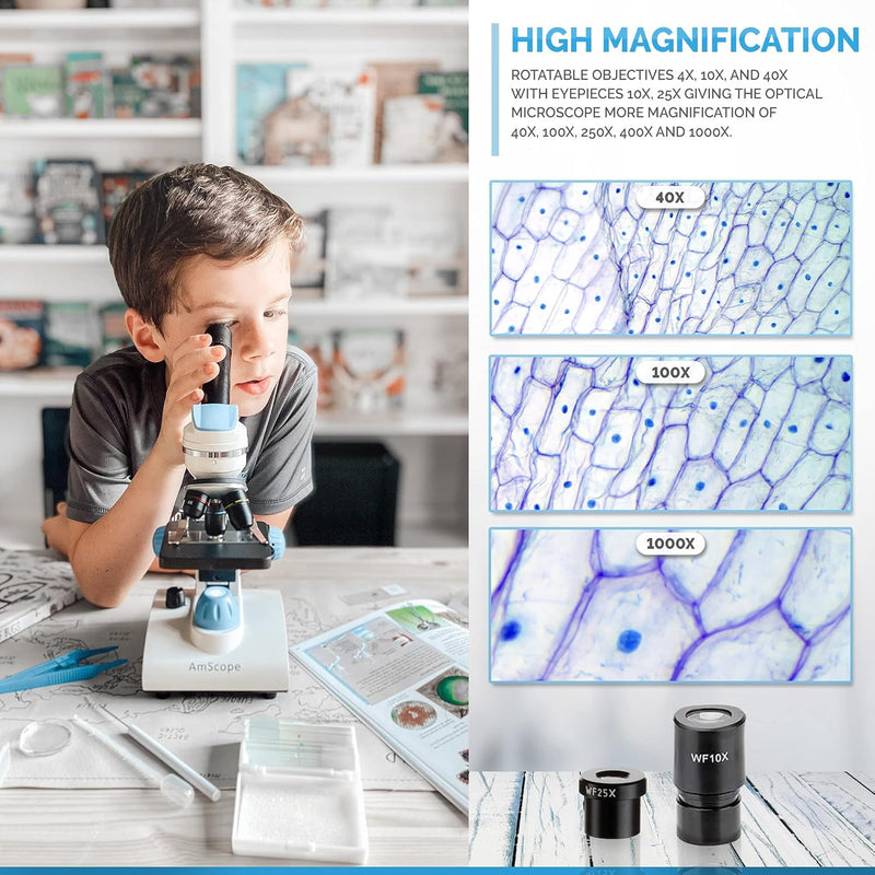 AmScope M162C-2L-PB10-WM Awarded 2018 Best Students and Kids Mikroskop-Set – 40X-1000X Dual Light Ga