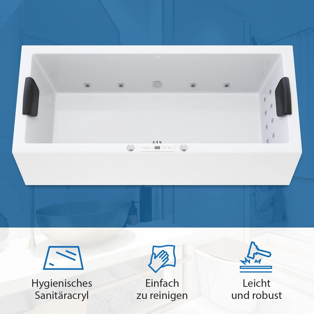 AQUADE Whirlpool Badewanne Wolfsburg Classic 170x75 cm mit LED Whirlpool Beleuchtung & Badekissen fü