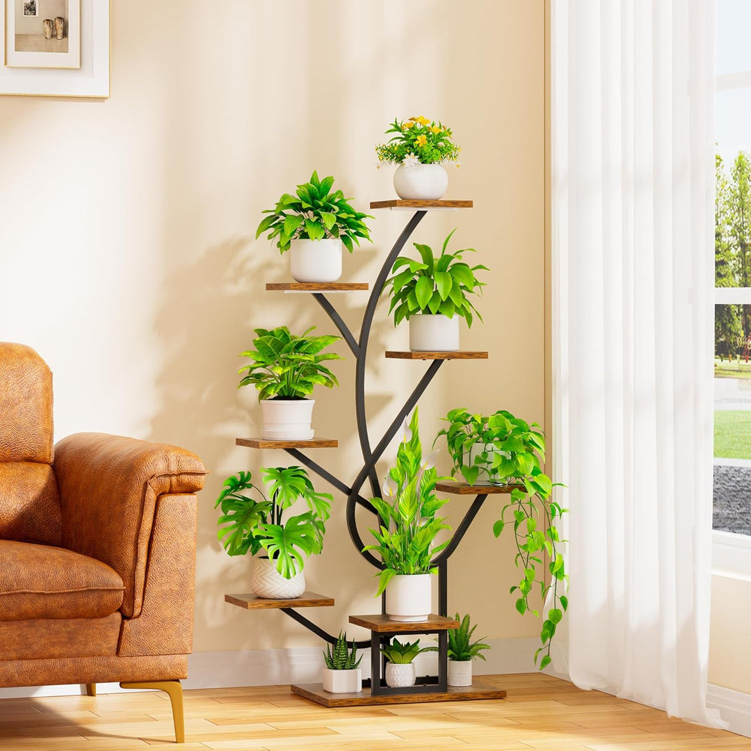 Pflanzenständer mit Wachstumslicht - 8 Ebenen Blumenständer 126cm Metall Holz Pflanzenregal - Innen
