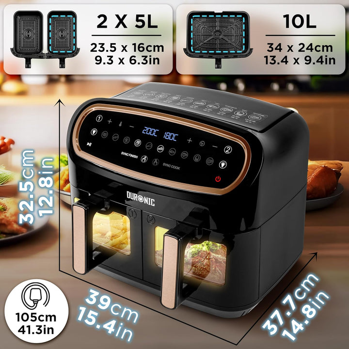 Duronic AF34 BG Heissluftfritteuse | XXL Doppel Fritteuse mit 2 Kammern und 10 Liter Volumen | Cook