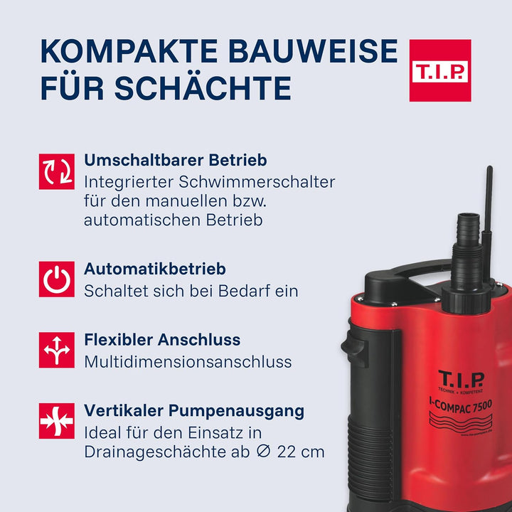 T.I.P. I-Compac 7500 Drainage-Tauchpumpe, Kunststoff, Rot 18 x 13 x 30 cm