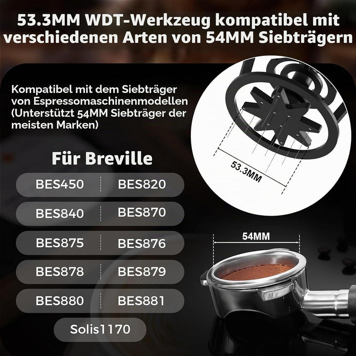 IKAPE Espresso Coffee V3 WDT Werkzeug, 54-mm-Rührlöffel, ausgestattet mit 8-Nadel-Rührlöffel, Einste