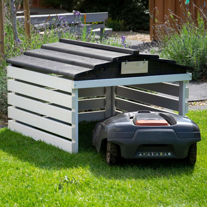 dobar® Mähroboter Garage aus Holz mit abnehmbarem Dach - Rasenroboter Unterstand mit individualisier