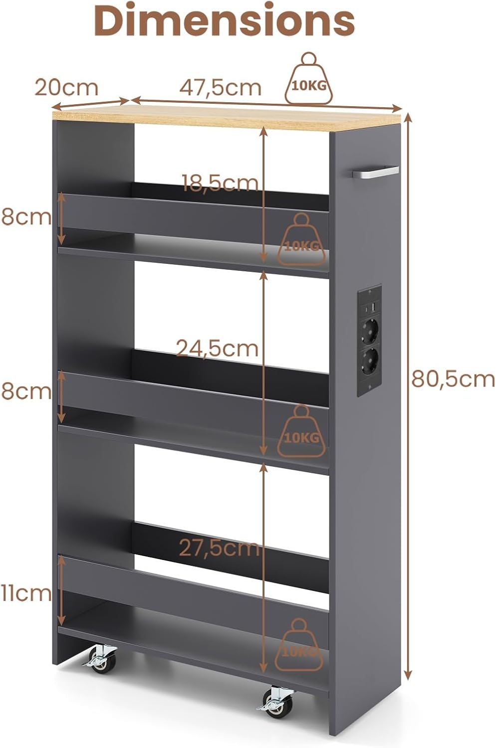 GIANTEX Nischenregal 20 cm Breit, Nischenschrank Küche mit Ladestation, Nischenwagen Rollwagen Schma