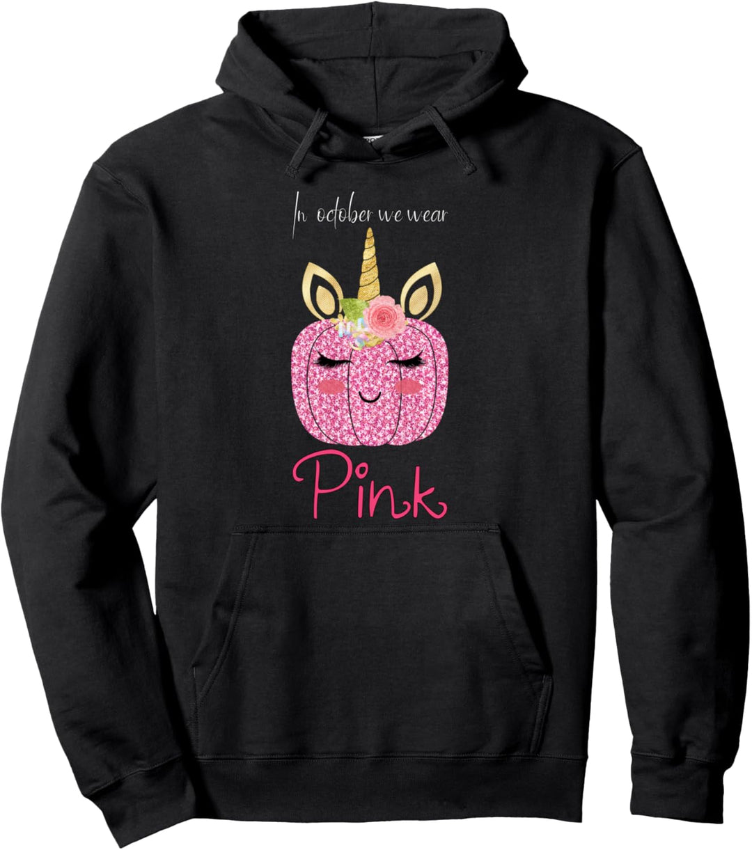 In October We Wear Pink Unicorn Pumpkin Breast Cancer Pullover Hoodie
