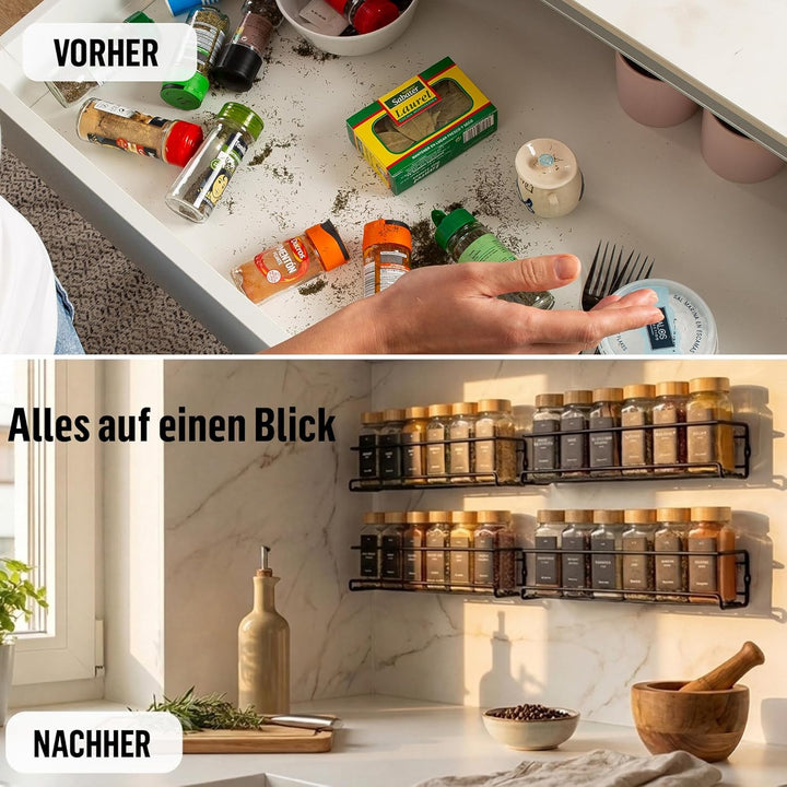 Deco haus® Gewürzregal Wand ohne Bohren [MIT 24 GEWÜRZGLÄSER & ETIKETTEN] - Gewürzregal Hängend 4er