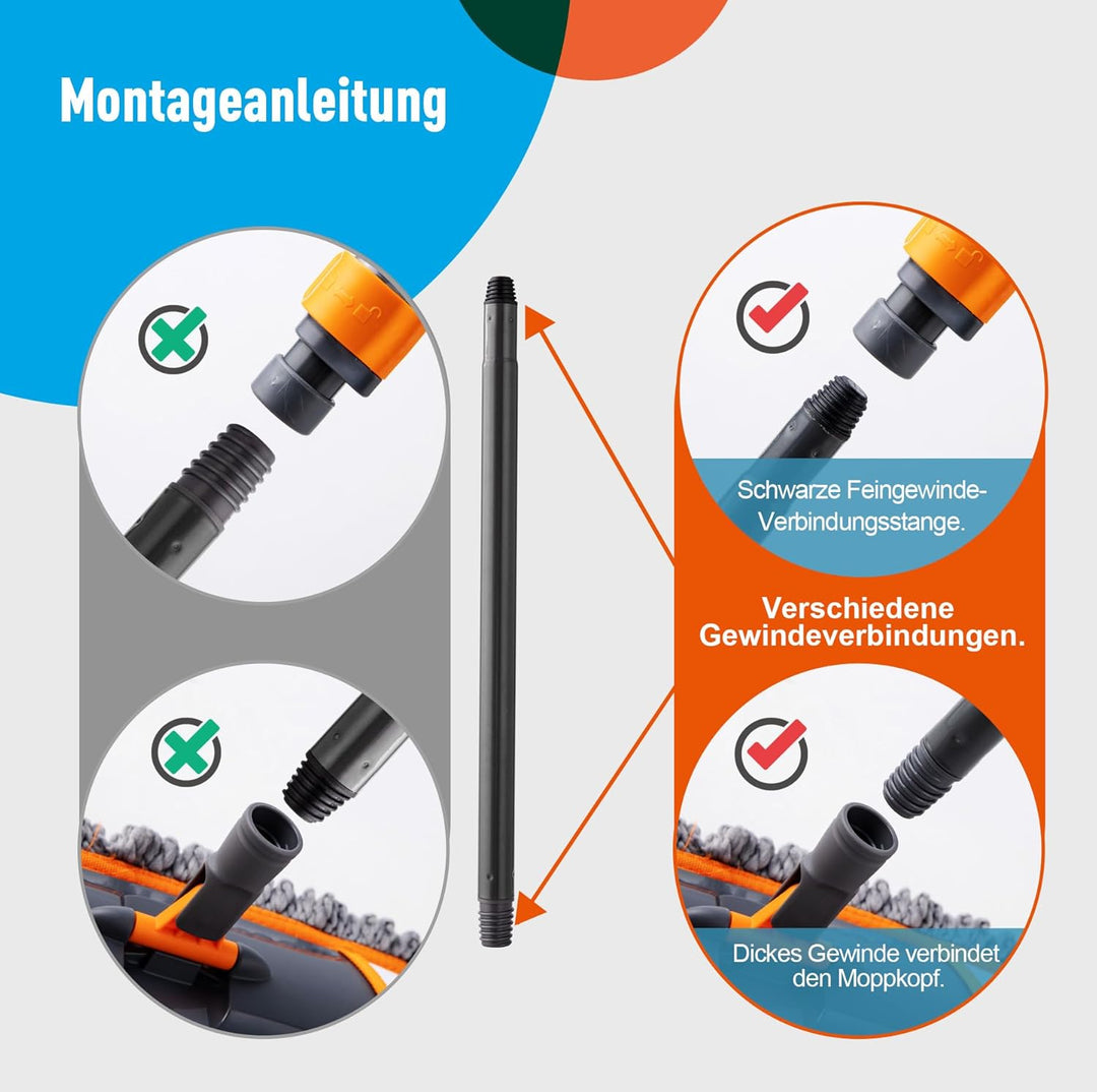 CLEANHOME Bodenwischer Set mit 3 Waschbare Fasermopp-Pads und Ausziehbaren Langen Stiel（112-140CM）,