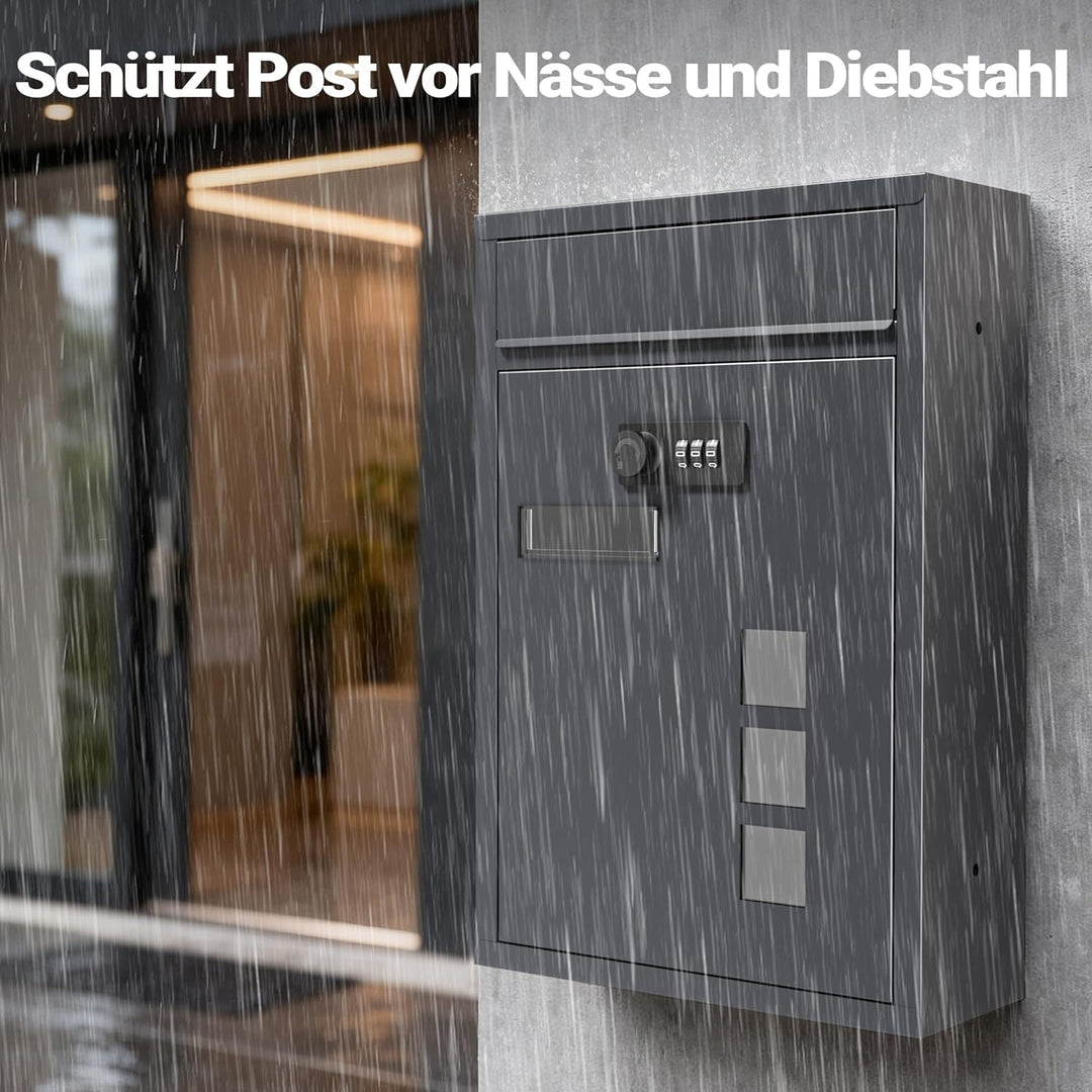 Wiltec Briefkasten anthrazit 215x320x90mm Briefkasten mit Zahlenschloss, Namensschild und Sichtfenst