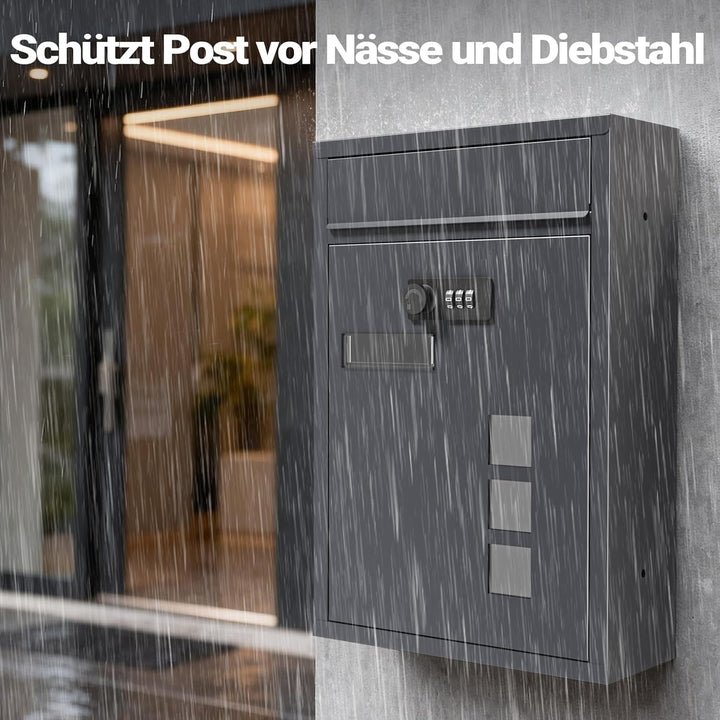 Wiltec Briefkasten anthrazit 215x320x90mm Briefkasten mit Zahlenschloss, Namensschild und Sichtfenst