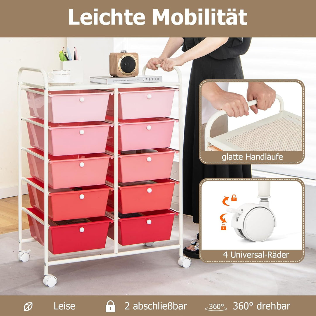 GOPLUS Rollwagen mit 10 Schubladen stapelbar, Rollcontainer mit Ablage & Metallgestell, Badregal, Au