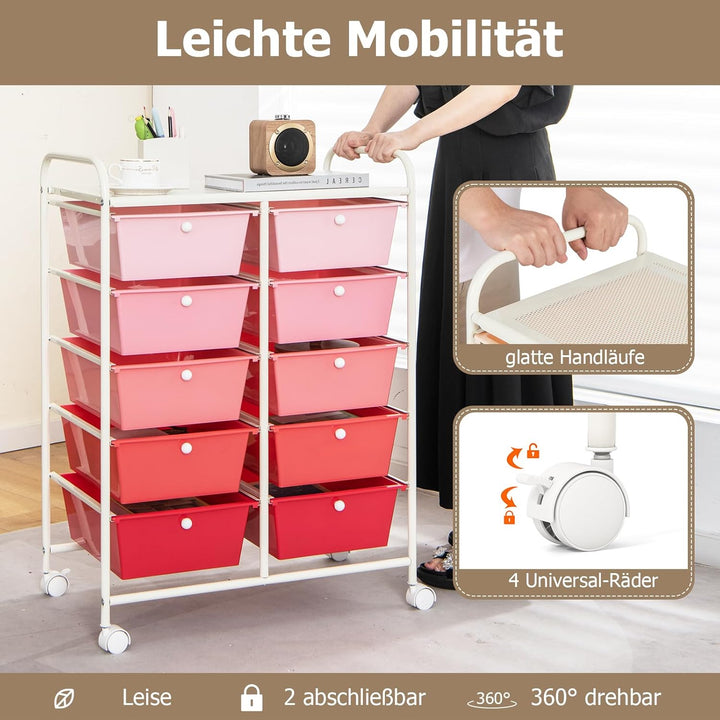 GOPLUS Rollwagen mit 10 Schubladen stapelbar, Rollcontainer mit Ablage & Metallgestell, Badregal, Au
