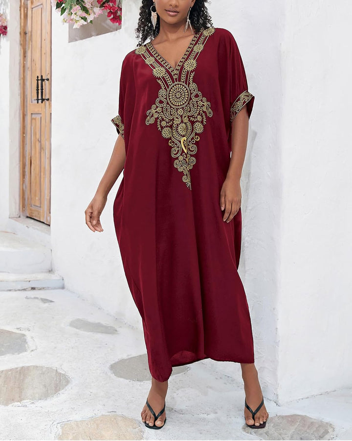 Bsubseach Damen Stickerei Kurzarm Bikini Strandkleid Side Split Beach Kaftan Kleid L-maroon, L-maroo