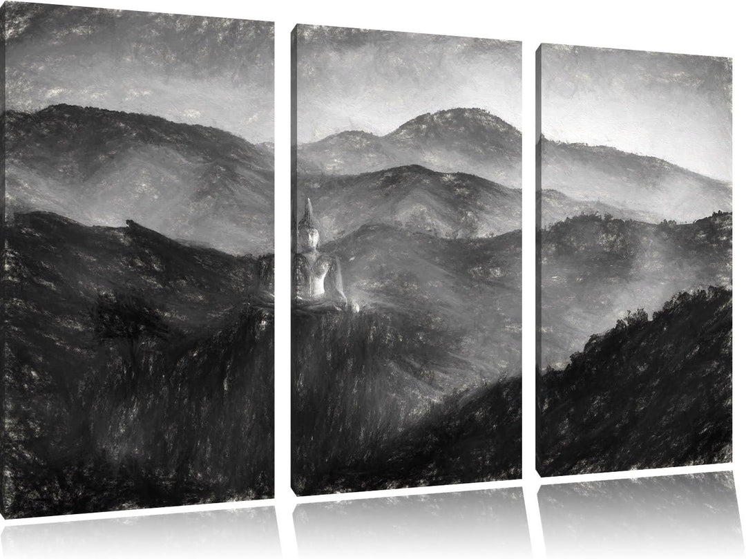 Pixxprint Buddha Bild im Tal der Dunkelheit Kunst Kohle Effekt 3-Teiler Leinwandbild 120x80 Bild auf