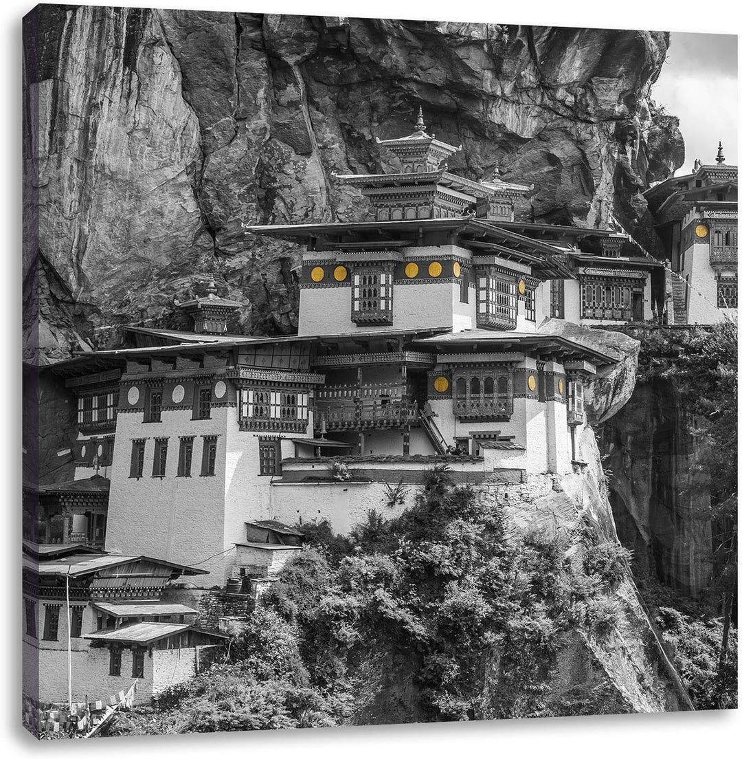 Pixxprint beeindruckende Festung im Berg schwarz/weiss, Format: 70x70 auf Leinwand, 70x70