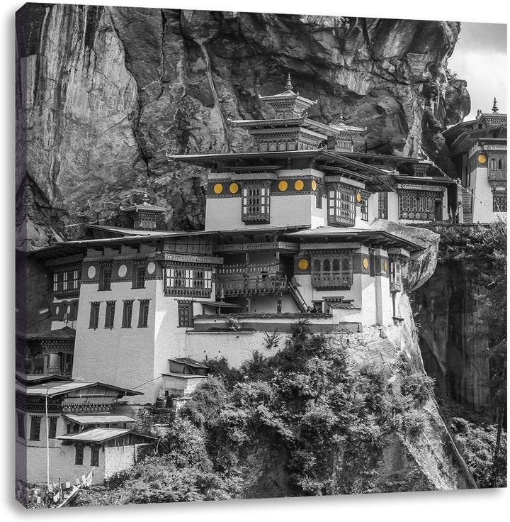 Pixxprint beeindruckende Festung im Berg schwarz/weiss, Format: 70x70 auf Leinwand, 70x70