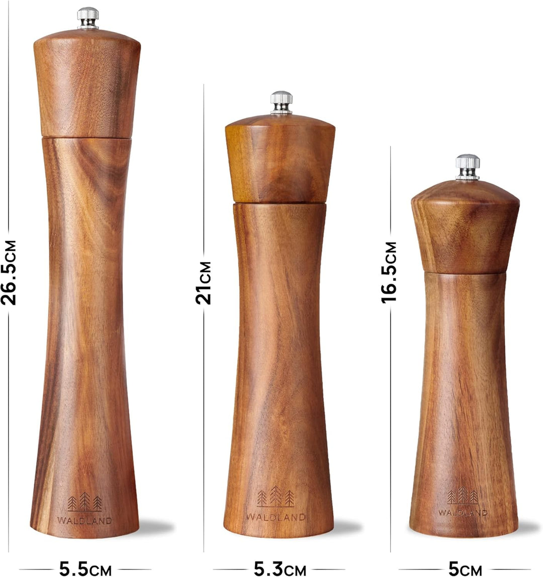 WALDLAND® Salz und Pfeffermühle aus Holz mit Untersetzer Gross (21 cm) | Gewürzmühlen mit hochleistu
