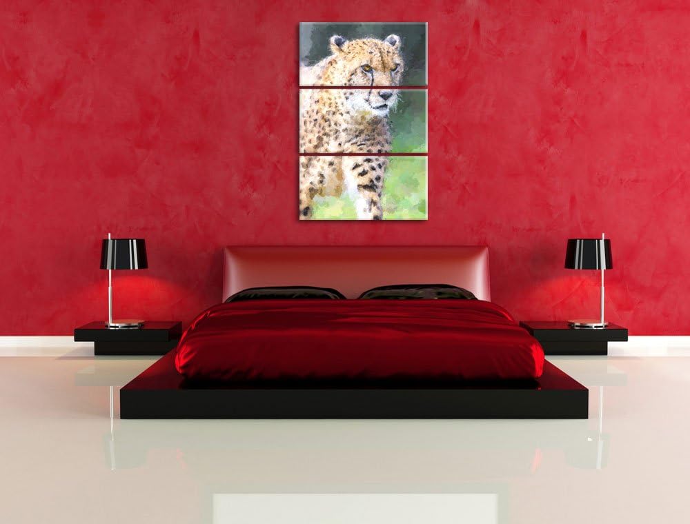 lauernder Gepard auf Wiese Spezial 3-Teiler Leinwandbild 120x80 Bild auf Leinwand, XXL riesige Bilde