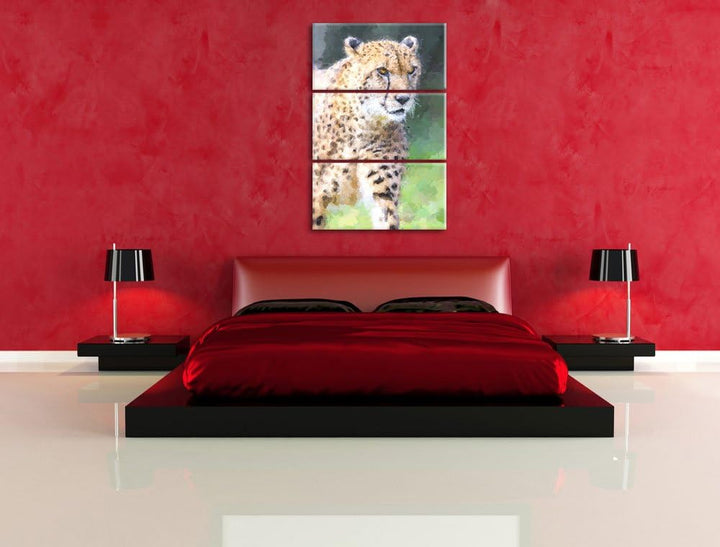 lauernder Gepard auf Wiese Spezial 3-Teiler Leinwandbild 120x80 Bild auf Leinwand, XXL riesige Bilde