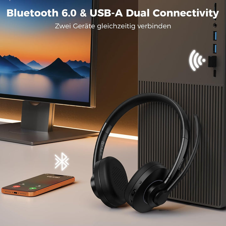 TECKNET V5.2 Bluetooth Headset mit Mikrofon, Wireless Headset mit Noise Cancelling