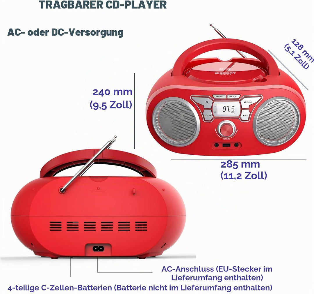 Tragbares Radio – mit CD-Player, Bluetooth Boombox, UKW-Radio, Fernbedienung, USB/AUX-Eingang, Kopfh
