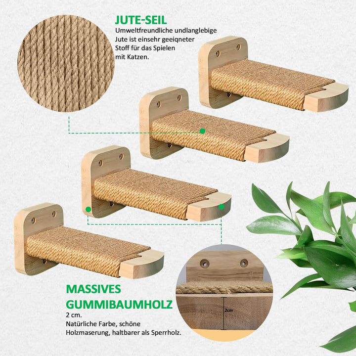 Katzentreppe Wand(4pcs), Kletterwand Katzen, mit Einlage-Handwerkskunst, aus 2cm Massives Gummiholz,
