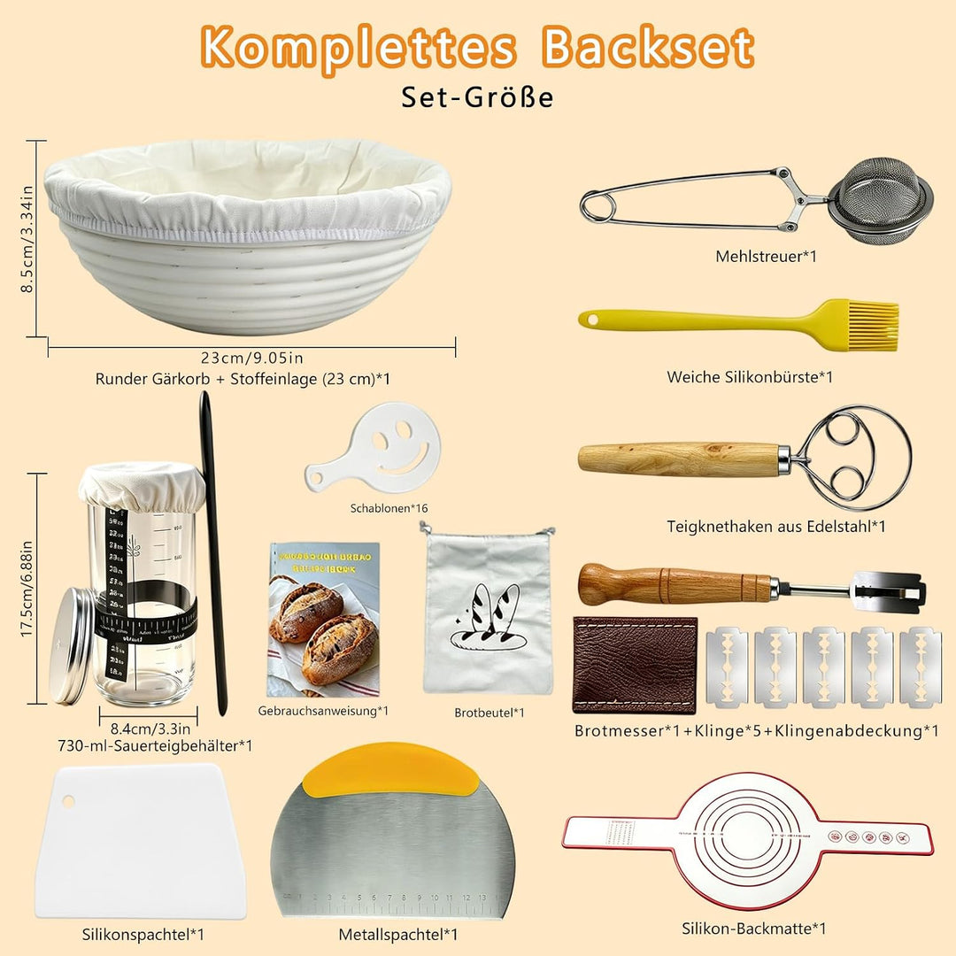 Sauerteig Starter Set mit Gärkorb, Gärglas und Brotbackzubehör | Brotbackset Mit Gärkörbchen 23CM mi