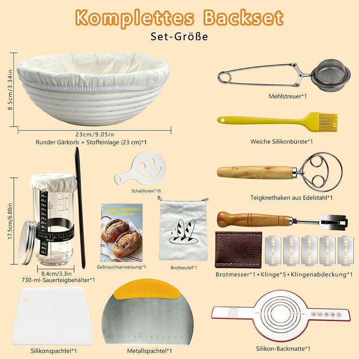 Sauerteig Starter Set mit Gärkorb, Gärglas und Brotbackzubehör | Brotbackset Mit Gärkörbchen 23CM mi