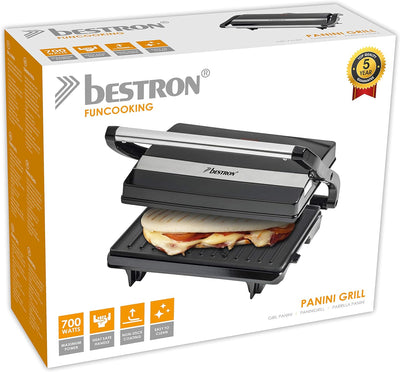 Bestron elektrischer Kontaktgrill mit Auffangschale, Sandwichmaker mit Cool-Touch-Handgriff, Paninim