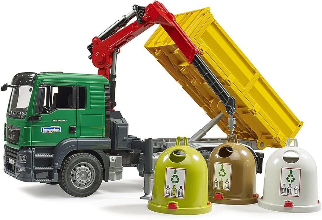 bruder 03753 - Man TGS Kran LKW mit 3 Altglascontainern & Flaschen - 1:16 Lastwagen Laster Kranwagen