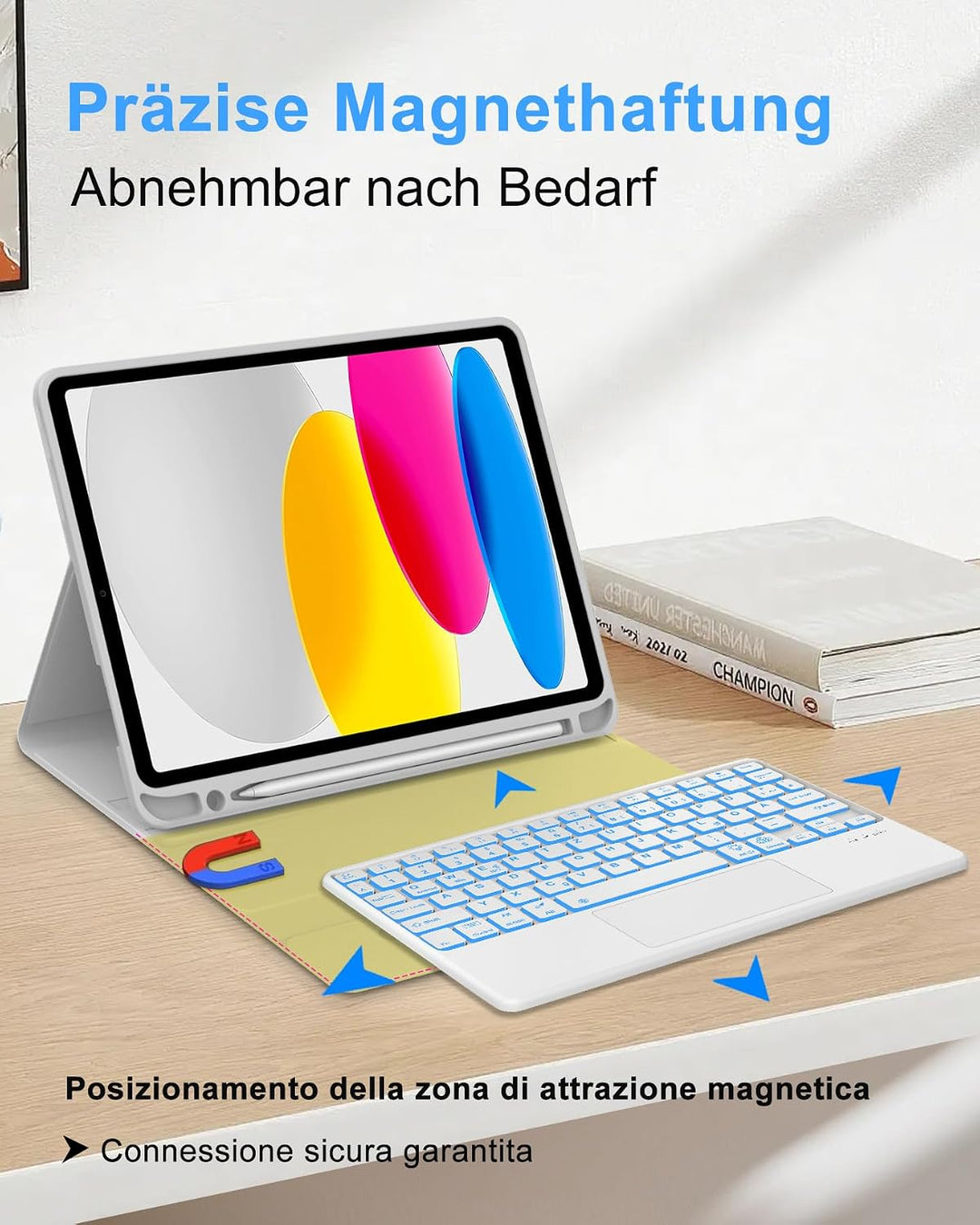 Hülle mit Tastatur für iPad 11. Gen A16 (2025) & 10. Gen (2022), Deutsch QWERTZ, 7-Farben Beleuchtun