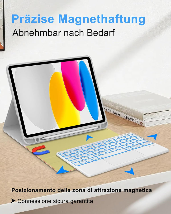 Hülle mit Tastatur für iPad 11. Gen A16 (2025) & 10. Gen (2022), Deutsch QWERTZ, 7-Farben Beleuchtun