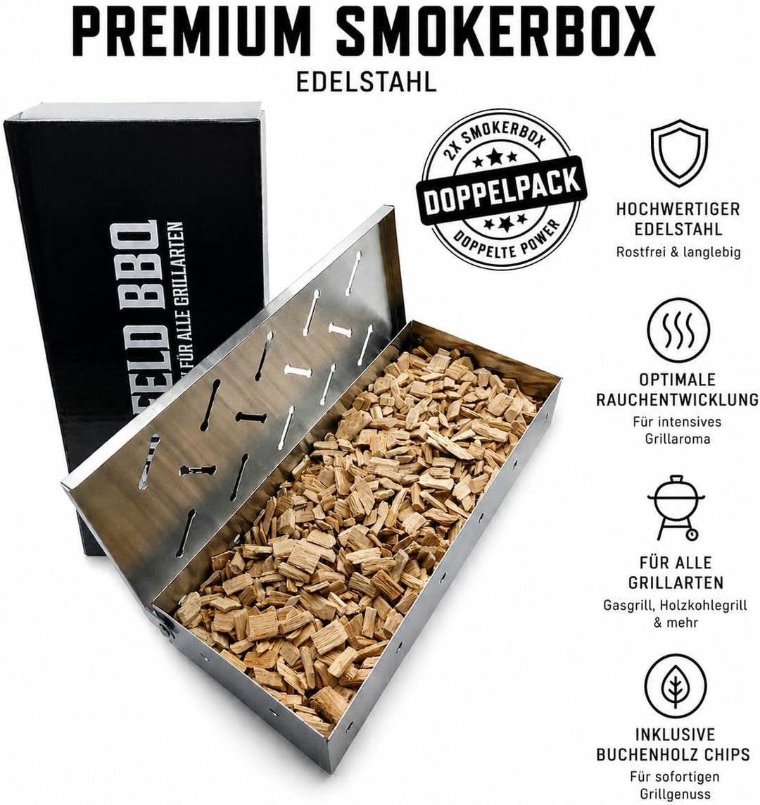 Bergfeld BBQ – Doppelpack - 2x Räucherboxen inkl. Räucherchips für alle Grillarten – Smokerbox aus r