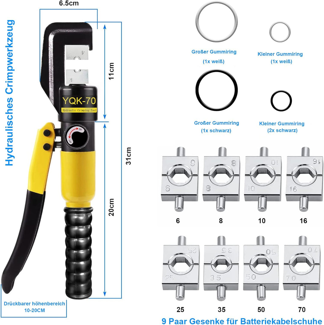 Solsop Hydraulische Crimpzange 4-70 mm², Kabelschuh Presszange 80 kN mit 9 Crimpeinsätzen, Crimpwerk