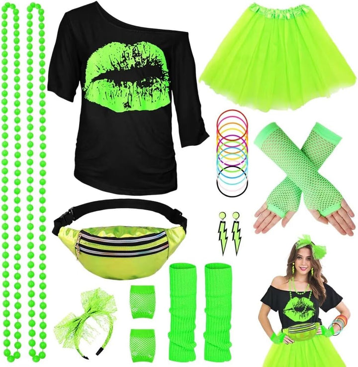 WILDPARTY 80er Jahre Outfit Damen Set, T-Shirt, Tutu, Gürteltasche, Stirnband, Ohrring, Halskette, N