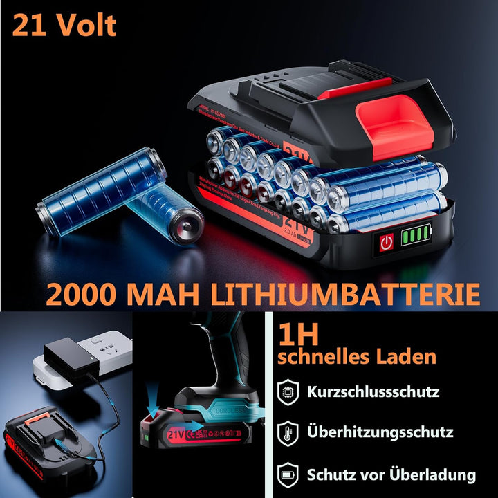Akkuschrauber, 21V Akku Bohrschrauber Set mit Akku 2000mAh 45Nm Drehmoment Max 25+3 Drehmomentstufen