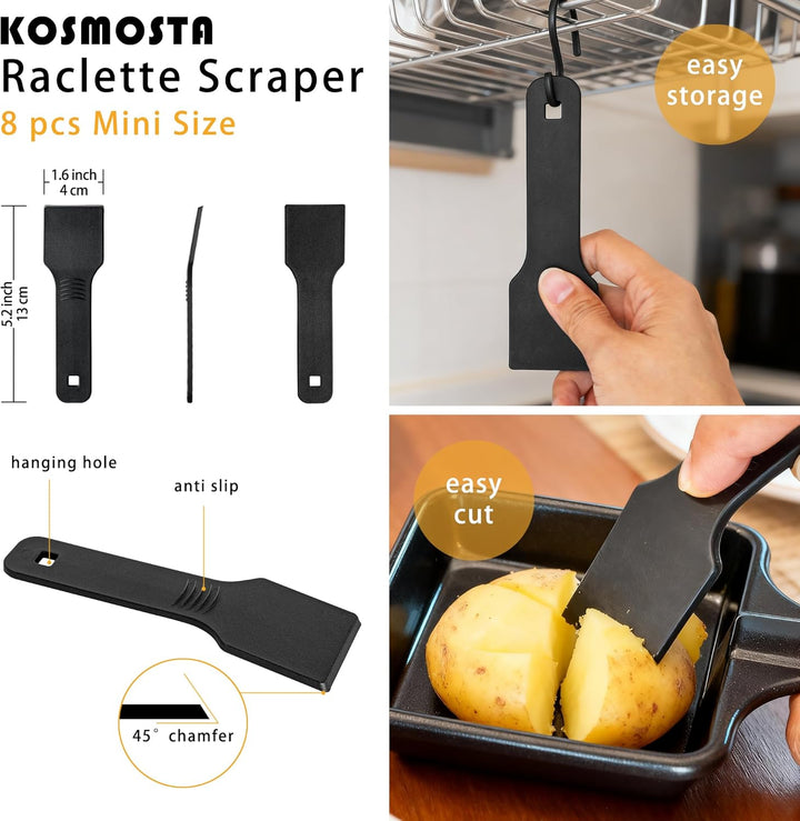 8er Set Quadratische Raclette Pfannen mit 8 Nylon Spateln, Antihaft Eisen Pfännchen, Ersatz Raclette