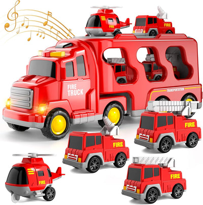 Feuerwehrauto Spielzeug für 1 2 3 4 5 6 Jahre alt Jungen Kleinkinder, 5 in 1 Kinder Träger Feuerwehr