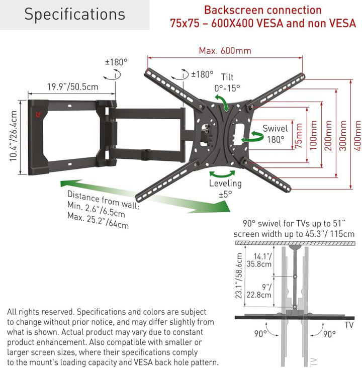 Barkan 64cm Lange TV Wandhalterung, 13-86 Zoll Schwenkbar/Neigbar/Vollbewegung TV Halterung, hält bi