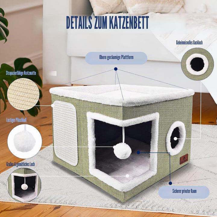Katzenbetten für Indoor-Katzen, grosses Katzenhöhlenbett mit Kratzunterlage und flauschigem Ball, fa