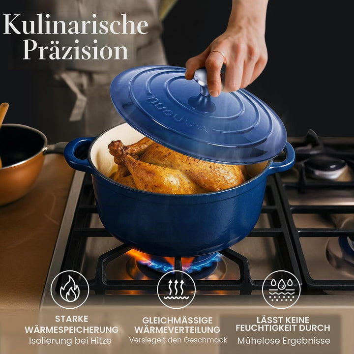 Gusseisen Dutch Oven mit Deckel – Emaille-Topf mit Antihaft, Ofenfest bis 260°C – Dunkelblau, 4.7 Li